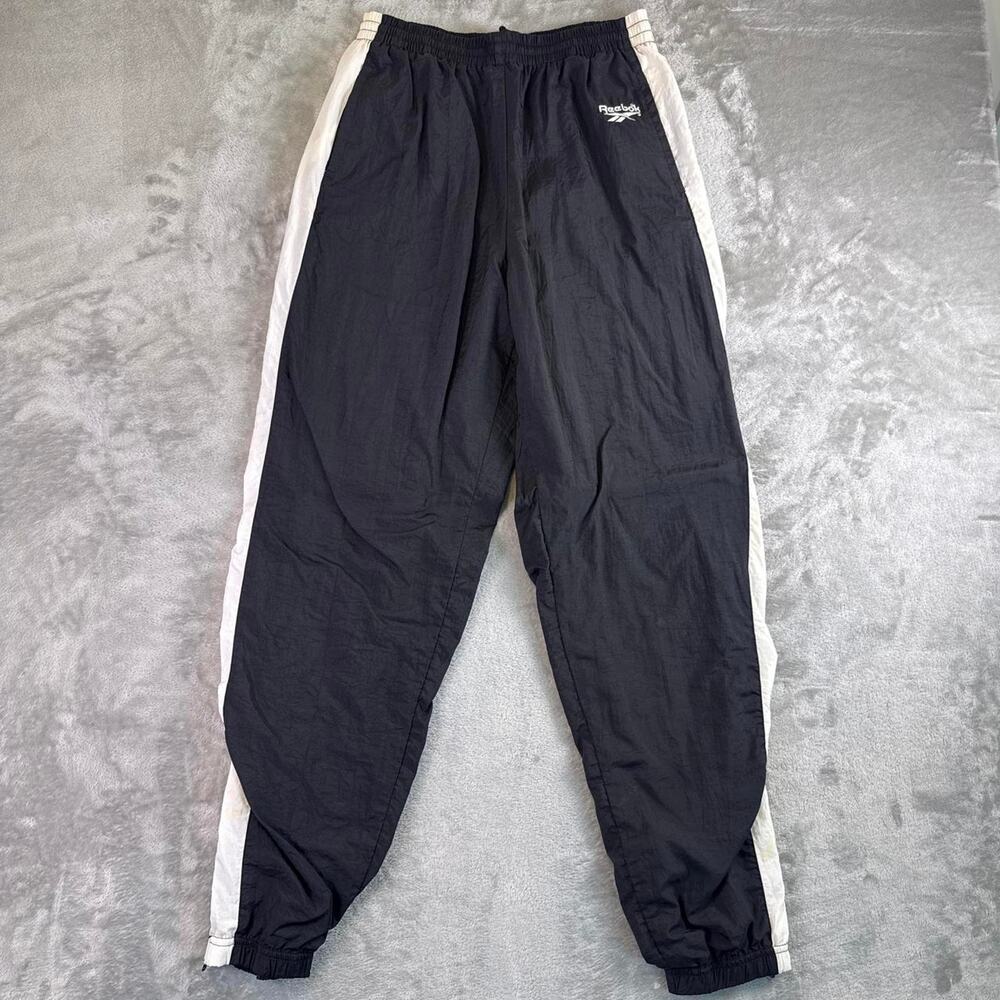 VTG Reebok Black Track Pants Windbreaker Joggers Athletic Stripe Mens Medium